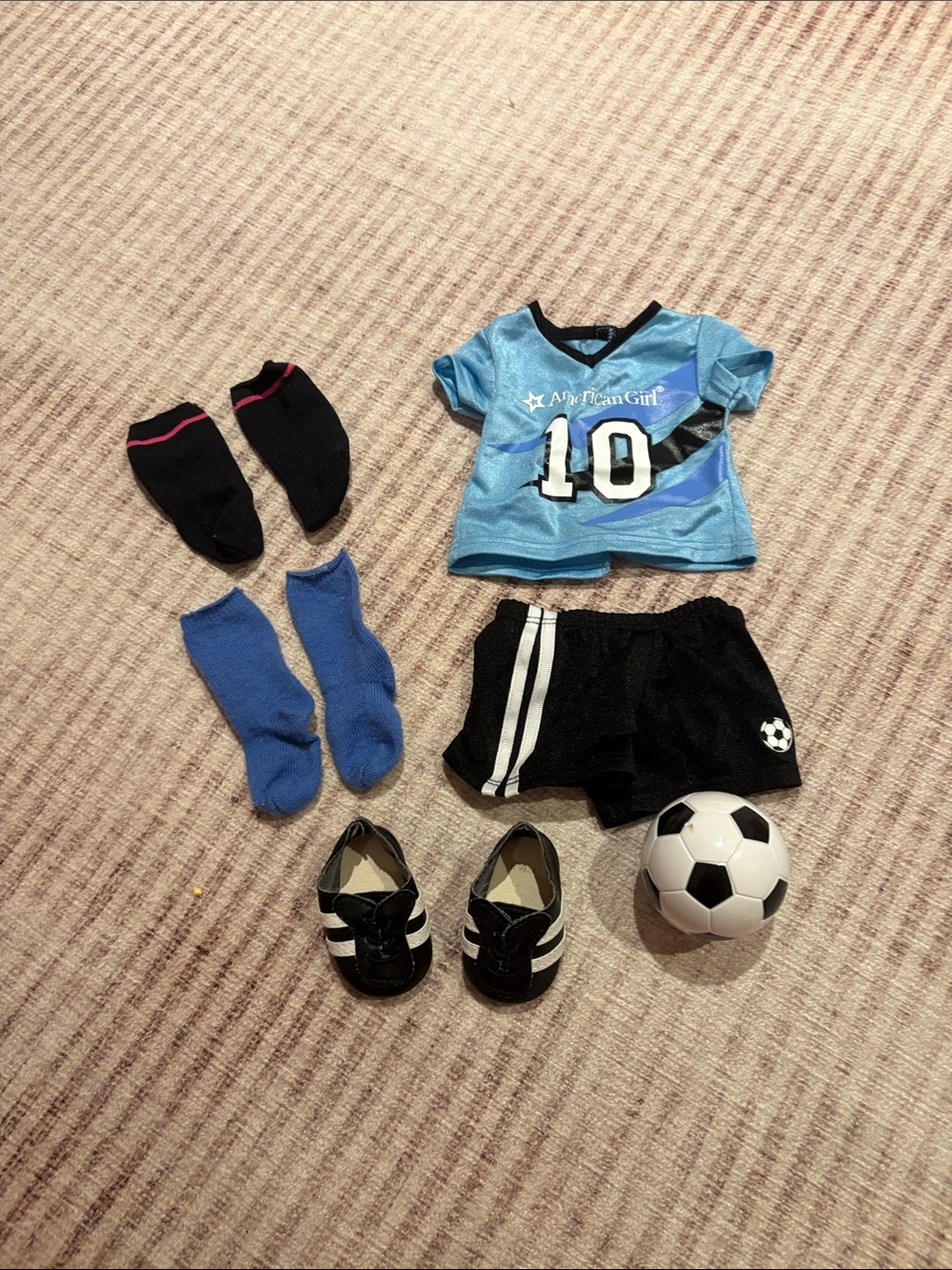 American Girl Light Blue #10 Soccer Top with Black Shorts & Accessories